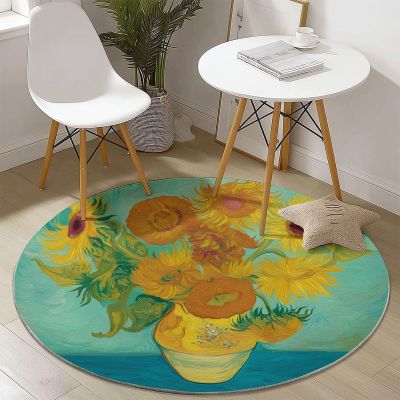 Washable Round Rug, 60 cm, Colorful Sunflower Vase Design
