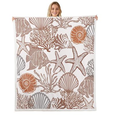 Homewish Ocean-Themed Throw Blanket 229 x 229 cm with Starfish, Shells, Coral and Fish, Brown Orange Gray Fleece Blanket for Boys, Girls, Adults and Teens