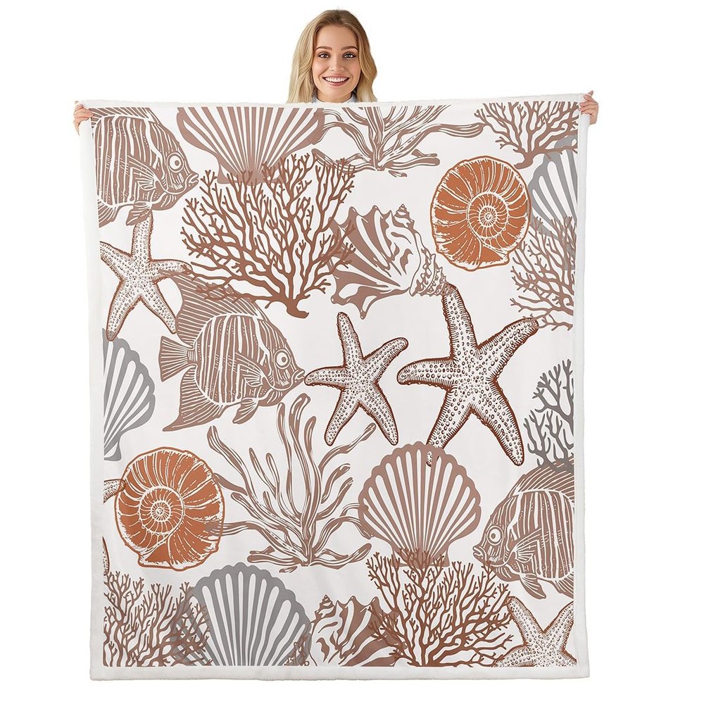 Homewish Ocean-Themed Throw Blanket 229 x 229 cm with Starfish, Shells, Coral and Fish, Brown Orange Gray Fleece Blanket for Boys, Girls, Adults and Teens