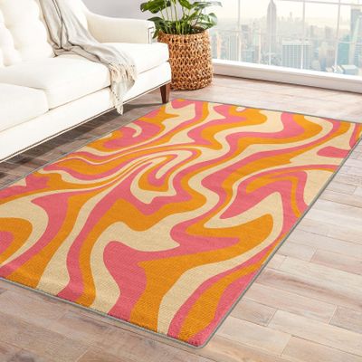AUWUUA 1970s-Style Orange and Pink Abstract Wave Pattern Area Rug, 200 x 320 cm