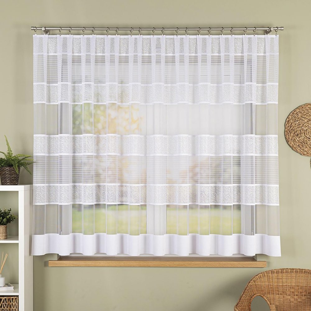 White Jacquard Curtain 500 x 160 cm (W x H), Passos New, Short Length, Horizontal Stripes