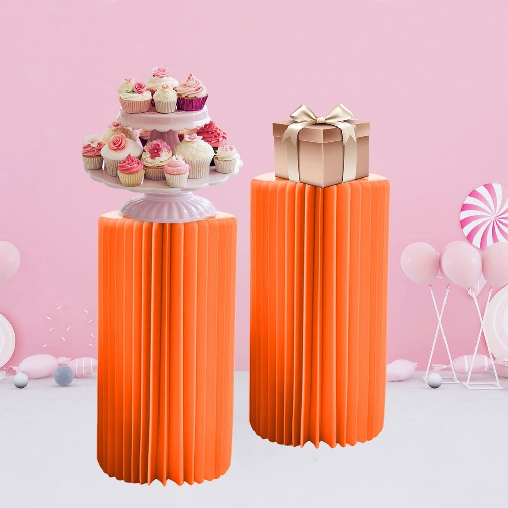 Party Cylinder Stands with PVC Discs, Foldable Paper Columns, 2-Pack, Orange, 60 cm/23.6 in