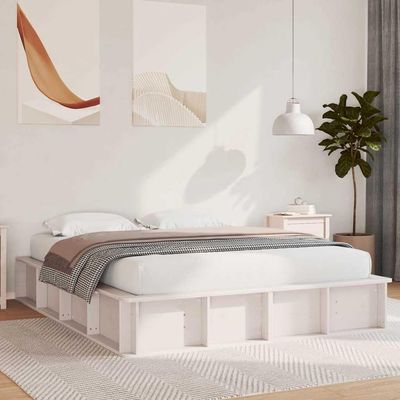 INLIFE Bed Frame, White, 210 x 168 x 30 cm, Solid Pine Wood