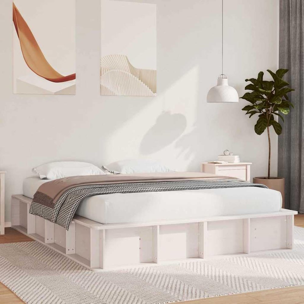 INLIFE Bed Frame, White, 210 x 168 x 30 cm, Solid Pine Wood