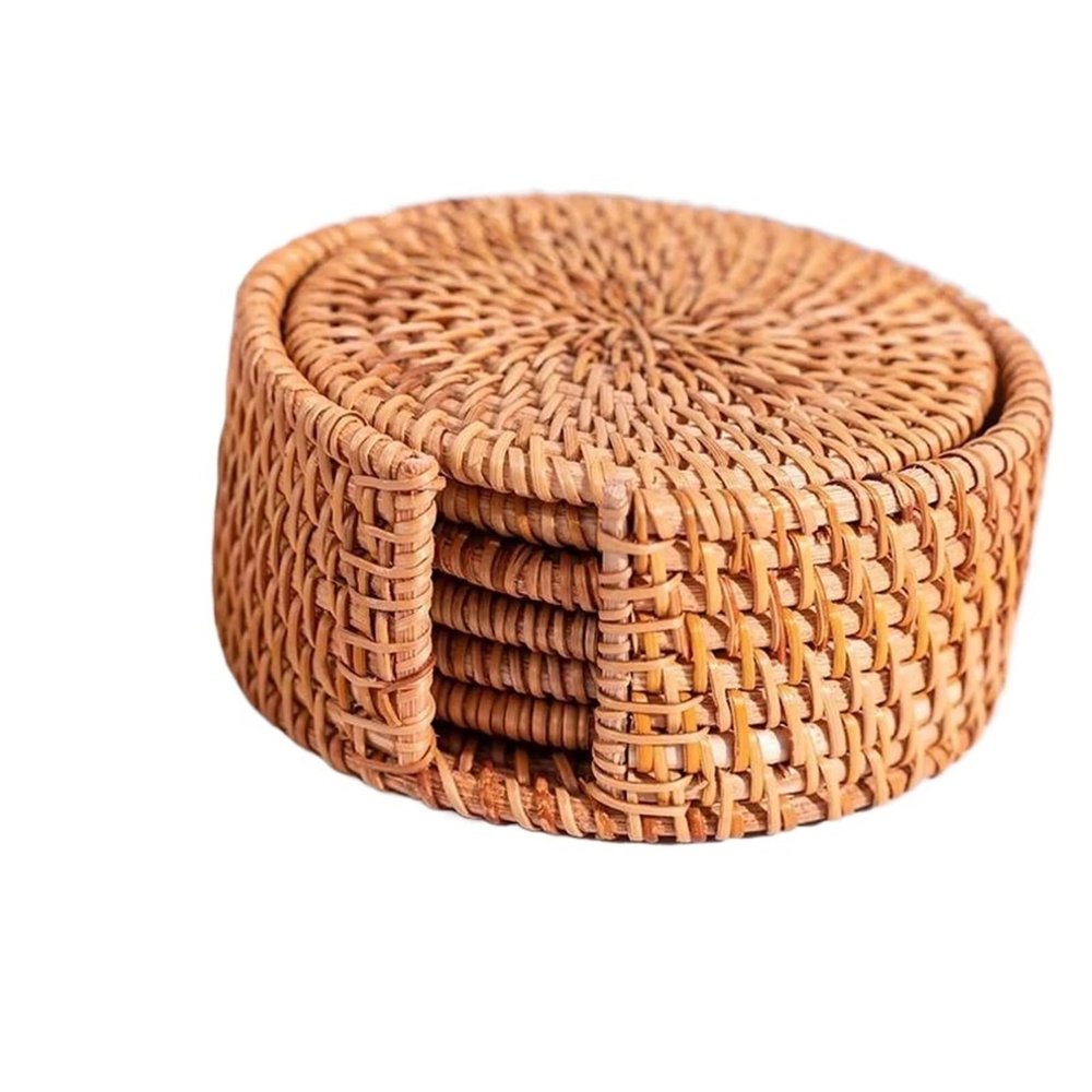 6-Piece Round Woven Rattan Coaster Set, 10 cm Diameter