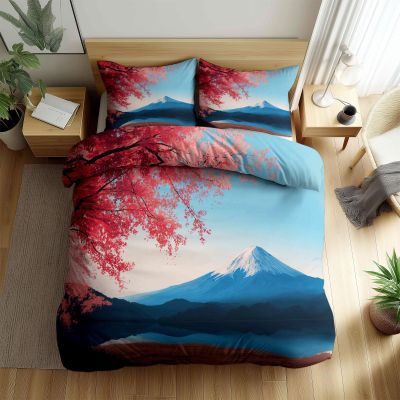 Generic Blue Bedding Set 135 x 200 cm, Microfiber Duvet Cover with Zipper, Anime-Style Mount Fuji Cherry Blossoms, Reversible, Breathable, 2-Piece Set for Children