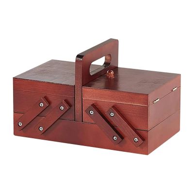 Portable Folding Wooden Sewing Box Organizer with Compartments, Red