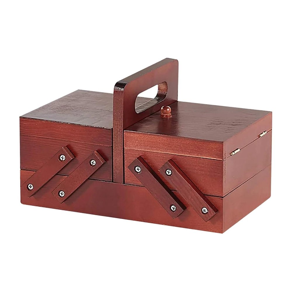 Portable Folding Wooden Sewing Box Organizer with Compartments, Red