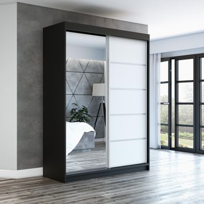 A&J MöbelLand GAPI 2-Door Sliding Wardrobe with Mirrors, 180 cm, Black/White/White