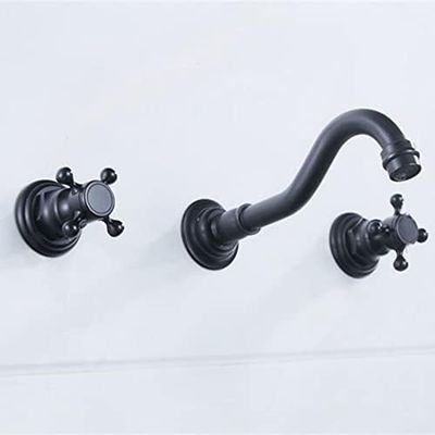Black Wall-Mount Double-Handle Three-Hole Hot and Cold Basin Faucet for Traditional Bathrooms