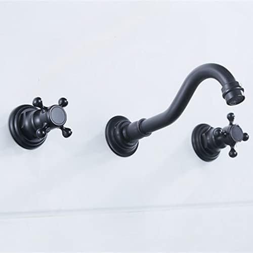 Black Wall-Mount Double-Handle Three-Hole Hot and Cold Basin Faucet for Traditional Bathrooms