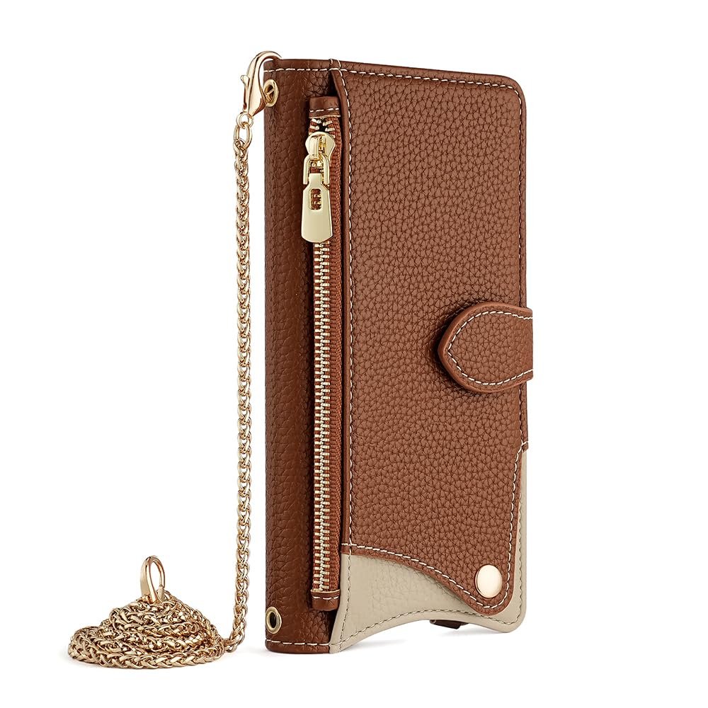 Rfvzubemok Compatible with Vivo Y28 4G Flip Kickstand Lanyard Zipper Wallet Phone Case, Brown