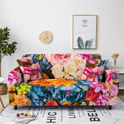 Colorful Rose Print Stretch Sofa Cover for 2-Seater Couches