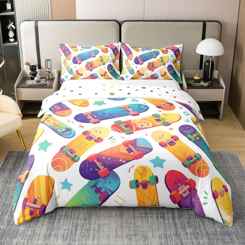 Homewish Skateboard Cotton Duvet Cover Set, 200 x 200 cm, Graffiti Purple and Red