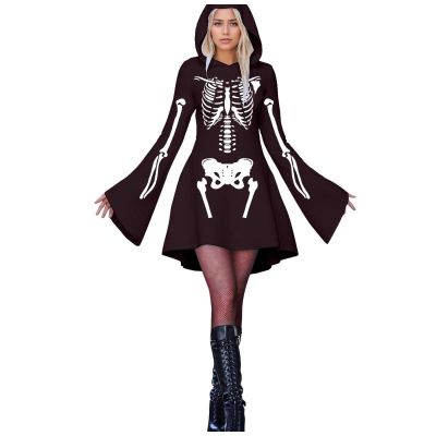Women's Gothic Skeleton Halloween Dress with Hood