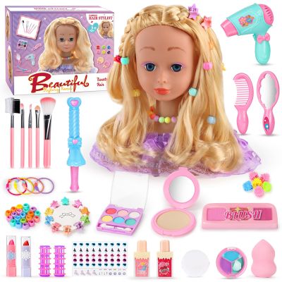 LumenVela Kids Styling Head Set, 66-Piece Washable Makeup and Hairstyling Doll Head with Accessories, Purple