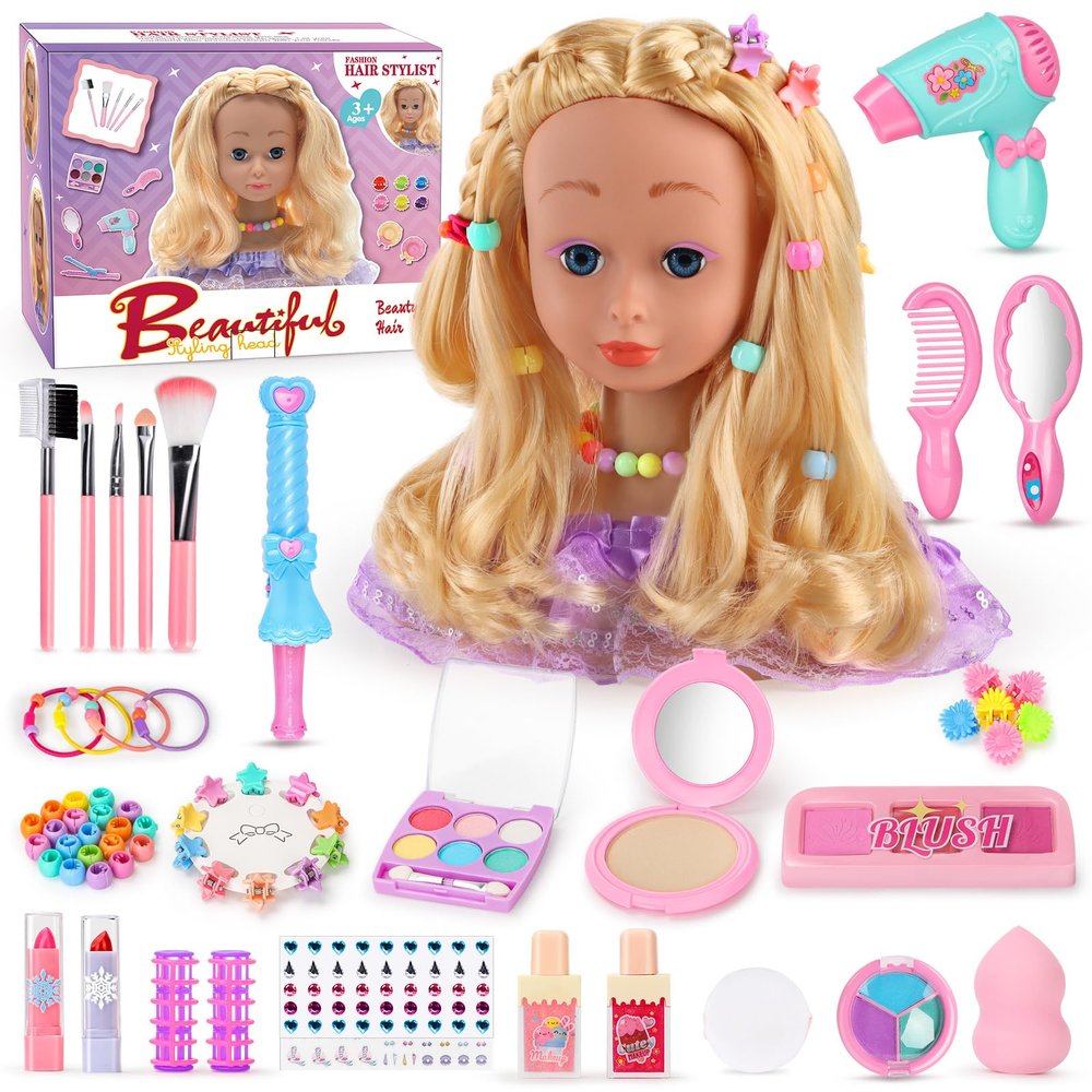 LumenVela Kids Styling Head Set, 66-Piece Washable Makeup and Hairstyling Doll Head with Accessories, Purple