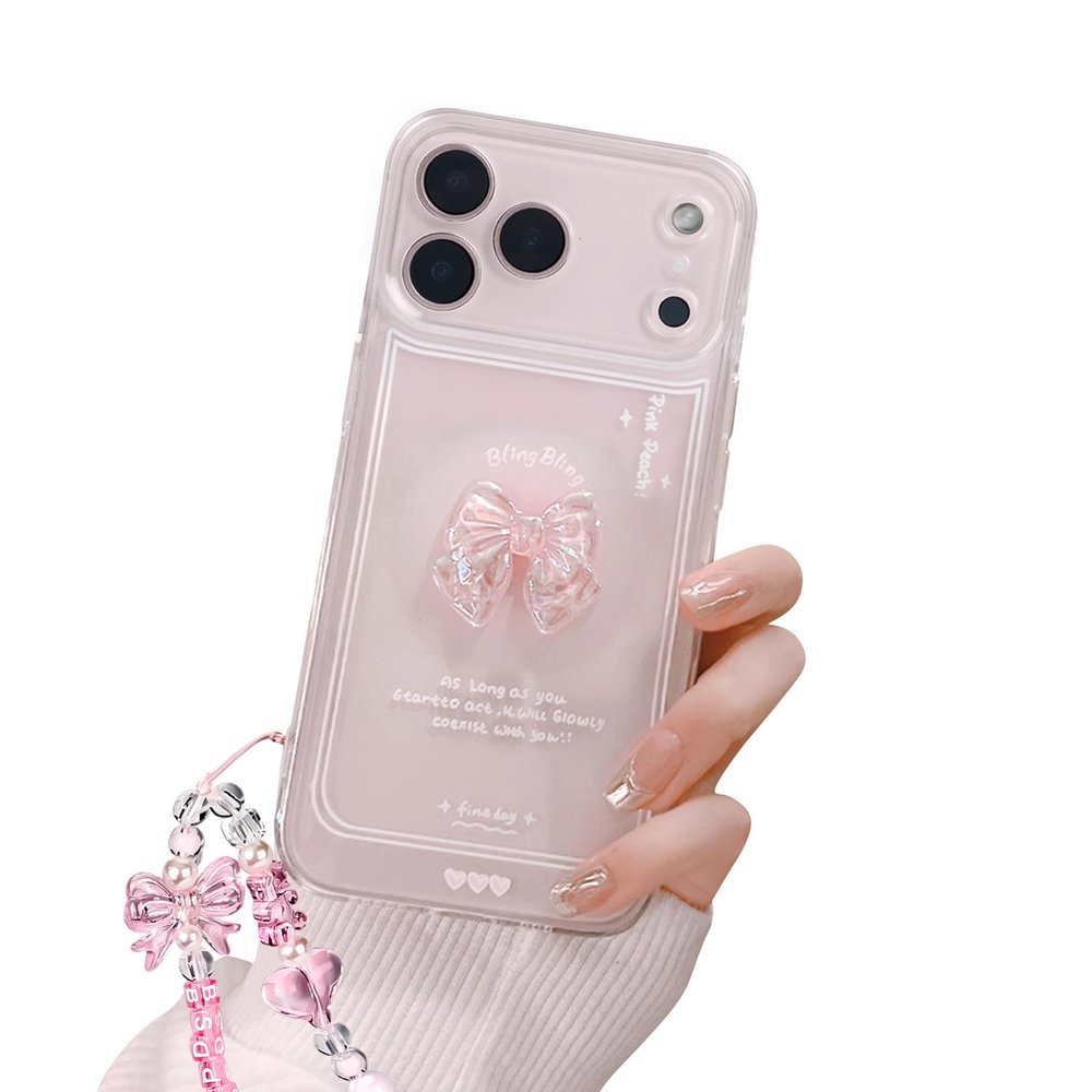 Reownest Compatible with iPhone 17 Pro Max Case, Cute 3D Pink Bow, Transparent Aesthetic Design, Camera Lens Protection, Glitter Bow Crystal Chain