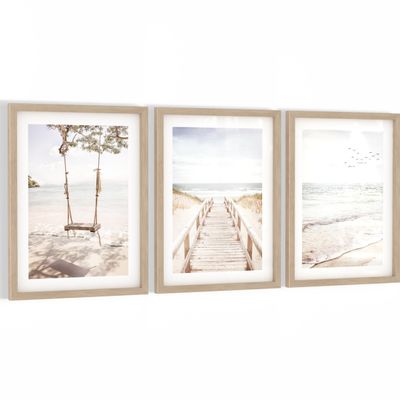 Novart Beach Wall Art with Frame for Living Room, Bedroom or Office, Beige Set of 3, N138135bR1