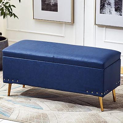 Junpllvic Luxurise Storage Ottoman Bench, Faux Leather, Modern Rectangular Design
