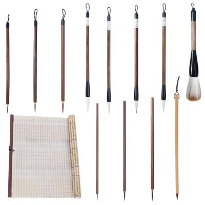 Calligraphy Brushes, Wolf and Goat Hair, Wooden Roll, 16-Piece Set