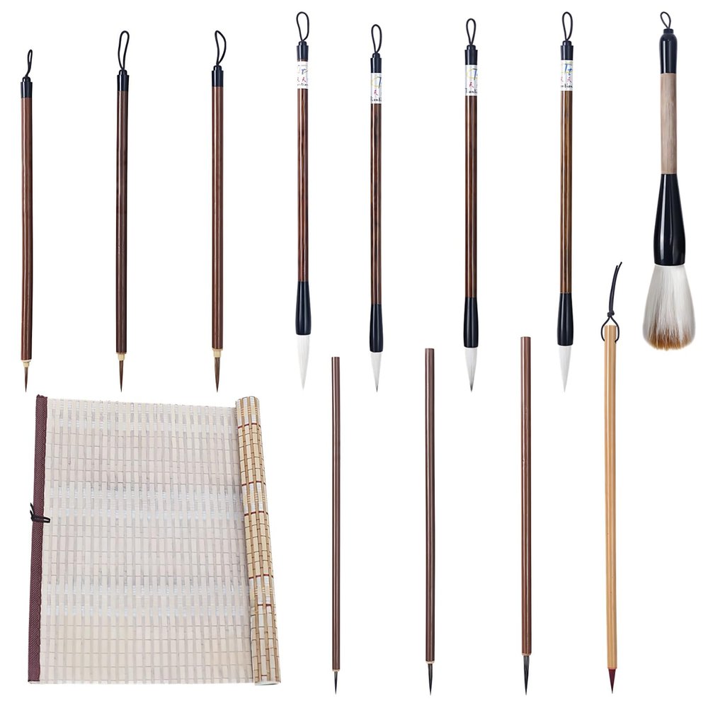 Calligraphy Brushes, Wolf and Goat Hair, Wooden Roll, 16-Piece Set