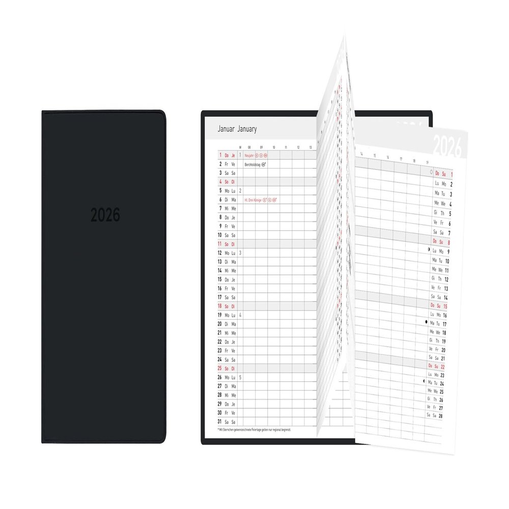 Idena 12050 Pocket Calendar 2026, Accordion-Fold, 8.7 x 15.3 cm, Black