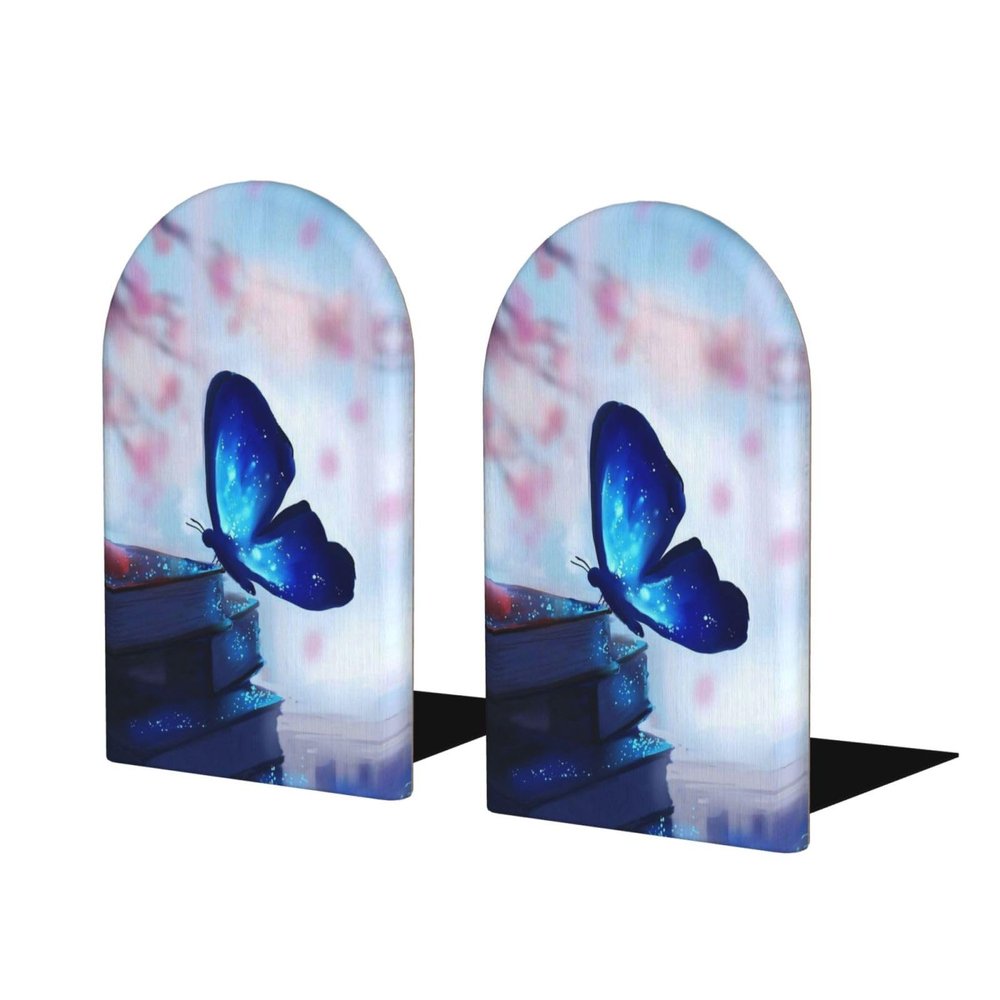 Wooden Bookends with Blue Butterfly Print, 1 Pair