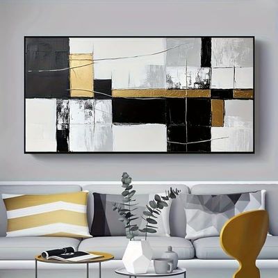 UUDEZO Gold and Black Canvas Wall Art for Living Room, Contemporary Painting with Black Frame, Ready to Hang, 100 x 200 cm