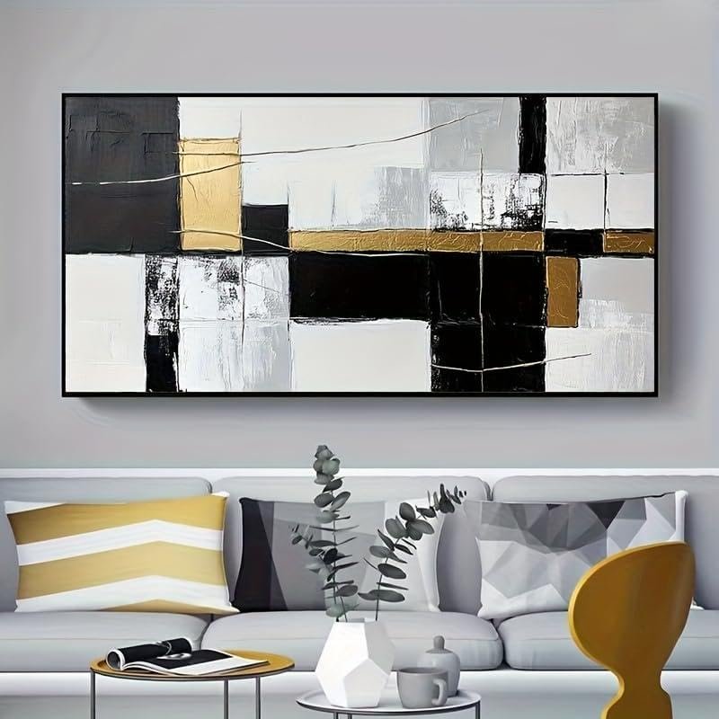 UUDEZO Gold and Black Canvas Wall Art for Living Room, Contemporary Painting with Black Frame, Ready to Hang, 100 x 200 cm