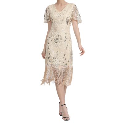 Generic Women's Long Evening Dress, 1920s V-Neck Flapper Dress with Short Sleeves and Fringe Hem