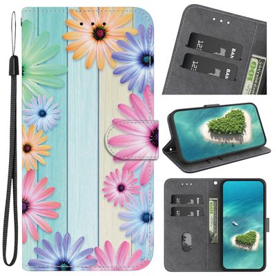 YKTO Flip Case for Samsung Galaxy A22 4G, Seven-Color Floral Design, Premium Leather, RFID Blocking, Magnetic Wallet Case