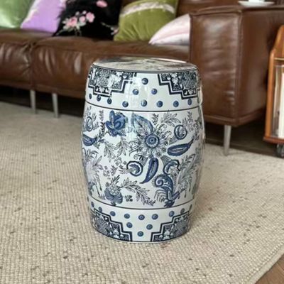 XDRGOOIUY Blue-and-White Ceramic Drum Garden Stool