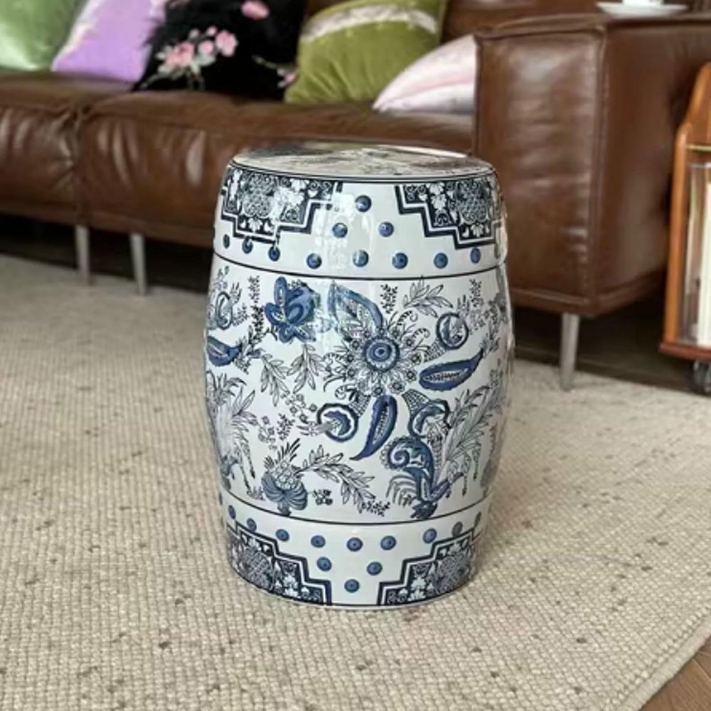 XDRGOOIUY Blue-and-White Ceramic Drum Garden Stool