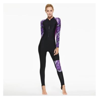 Women's One-Piece Neoprene Rash Guard Swimsuit with Long Sleeves, Purple/Black, XXL