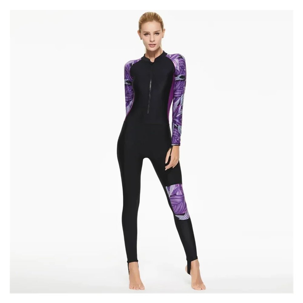 Women's One-Piece Neoprene Rash Guard Swimsuit with Long Sleeves, Purple/Black, XXL