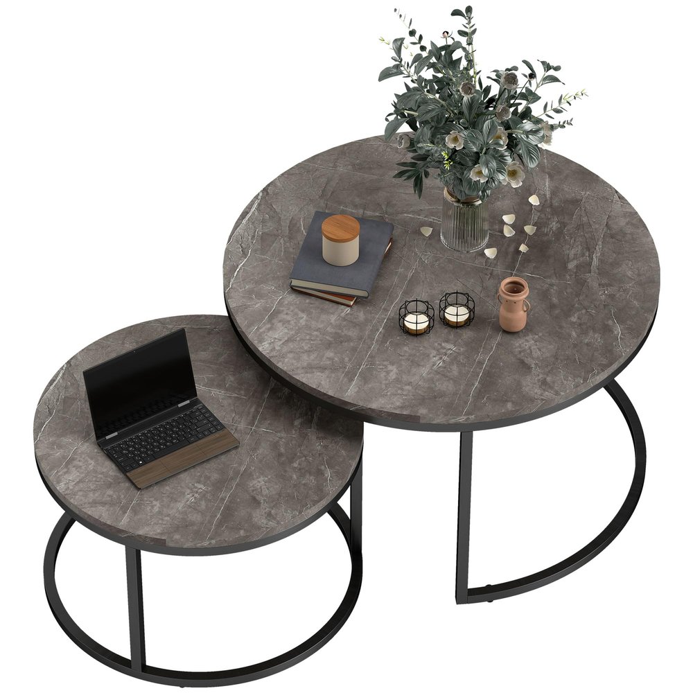 HOMCOM Round Coffee Table Set of 2, Nesting, Dark Gray