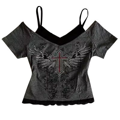 Women's Emo Grunge Vintage Y2K Crop Top with Cross Print