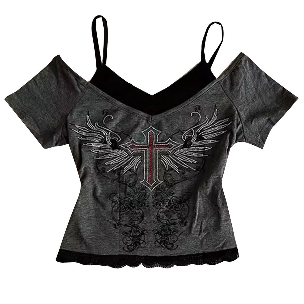 Women's Emo Grunge Vintage Y2K Crop Top with Cross Print