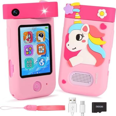 ARNSSIEN Kids Smartphone Toy with 180° Rotating Lens and 32GB Card, Touchscreen Camera with Silicone Case, Gift for Ages 3–8, A200