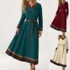 Women's Linen Dress, Viking Freya Costume, Hand-Embroidered, Medieval Long-Sleeve Dress with Cotton Trim, Red, X-Large view 2