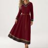 Women's Linen Dress, Viking Freya Costume, Hand-Embroidered, Medieval Long-Sleeve Dress with Cotton Trim, Red, X-Large view 3