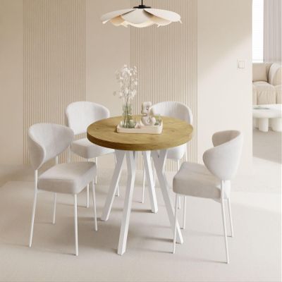 Round XXL Extendable Dining Table, Loft Style, 100–300 cm, White Wooden Legs, Light Brown Oak