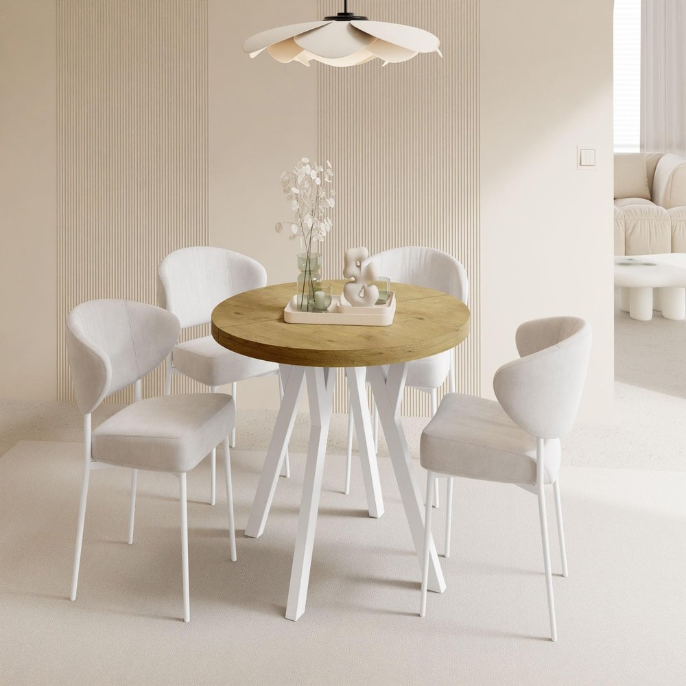 Round XXL Extendable Dining Table, Loft Style, 100–300 cm, White Wooden Legs, Light Brown Oak