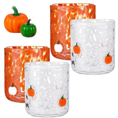Qosigote 2-Piece Halloween Icon Juice Glass Set, 14 oz Stemless Pumpkin Cups, Double Old Fashioned Drinking Glasses