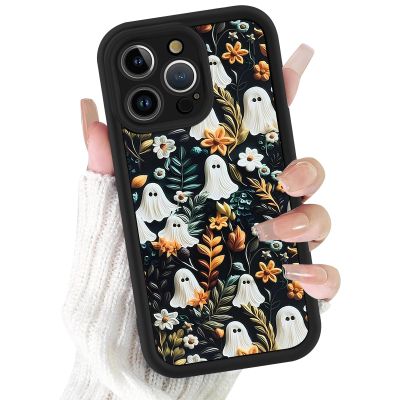 Saqmkil Halloween Case for iPhone 16 Pro Max 6.9", Black Silicone TPU Case with Flower Design
