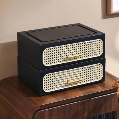 Plastic Desk Organizer with Drawers, Stackable Storage Box for Office and Home