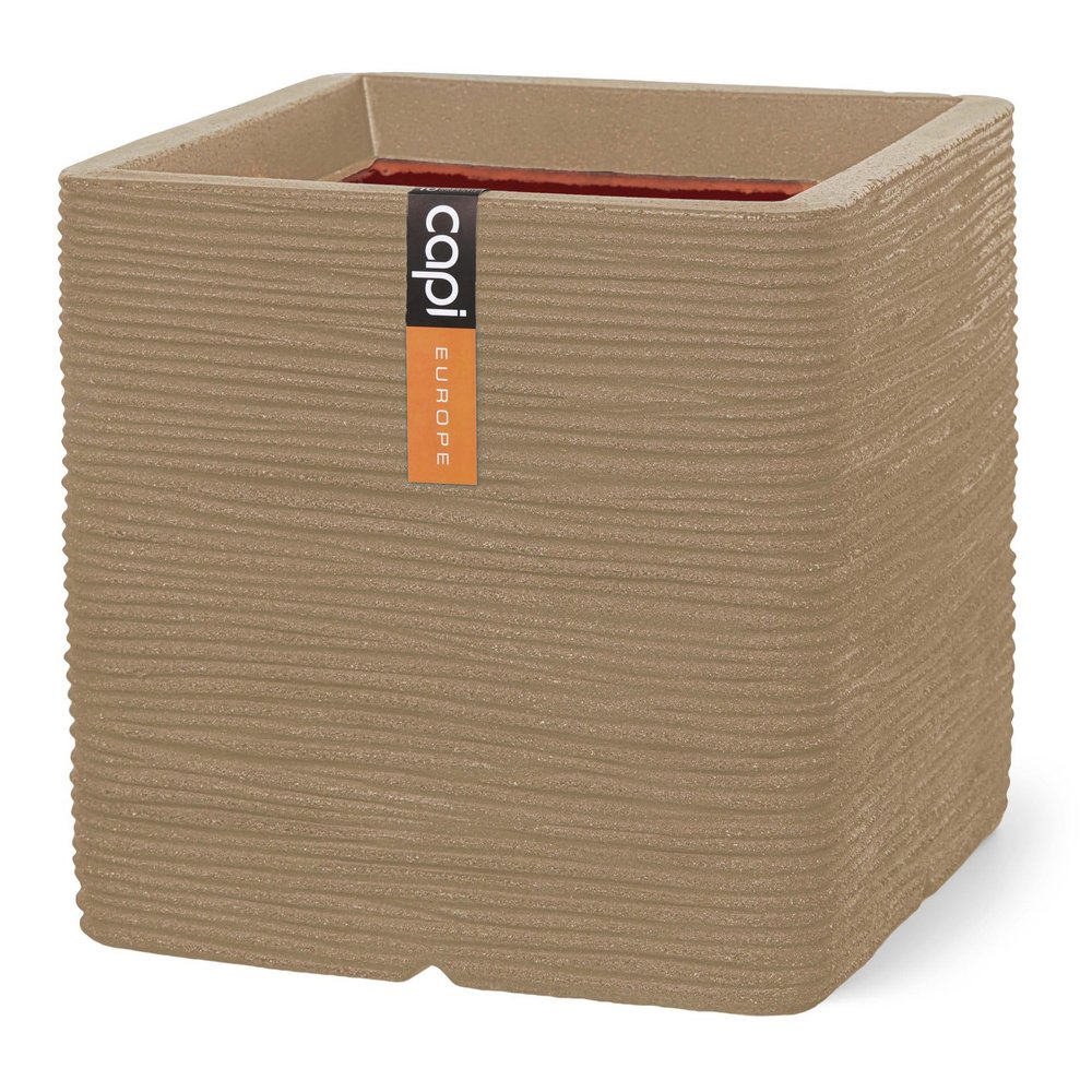 Capi Europe Rib NL Square Planter, 40 x 40, Beige, Indoor and Outdoor, Plastic, KBER903