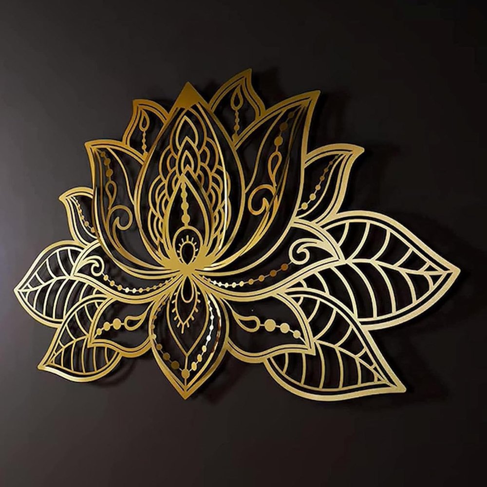 Large Metal Lotus Flower Wall Art, 3D Mandala, Gold, 60 x 40 cm