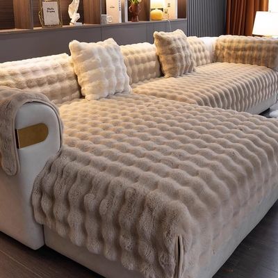 Rabbit Plush Sofa Cover for L/U-Shaped Sectionals, Soft Non-Slip Cover for 1/2/3/4-Seaters, Washable and Pet-Friendly, Khaki, 70 x 150 cm (27.5 x 58.5 in)